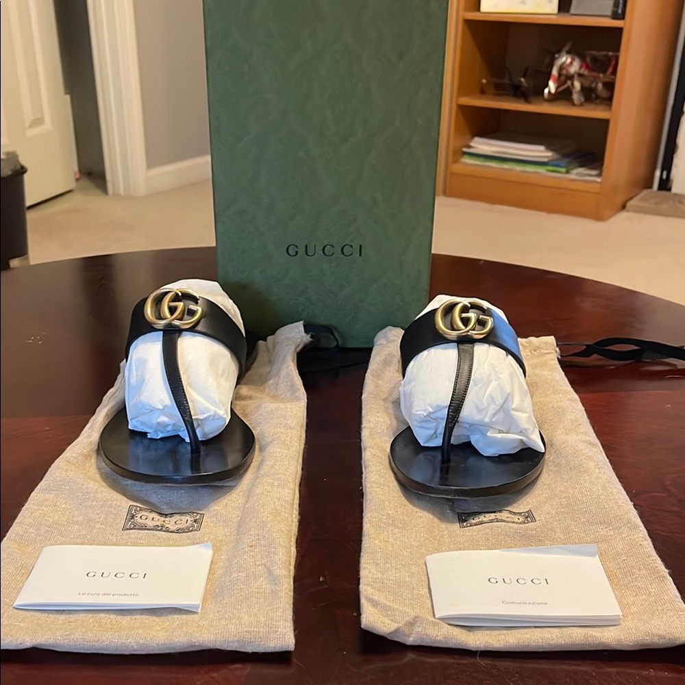 Gucci Black Slide Sandals with Gold Logo
